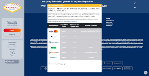 Plaza Royal Casino payment methods