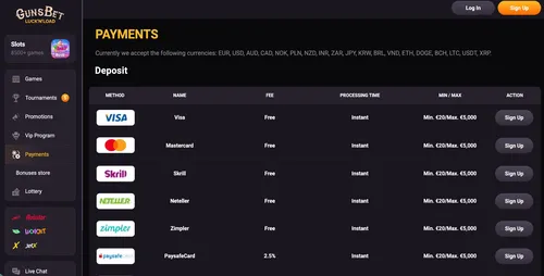 Gunsbet Banking Page